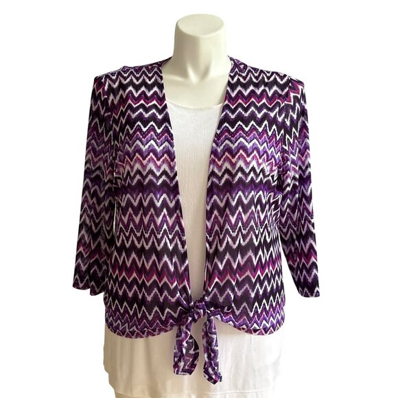 Chicos Travelers Collection Purple Zig-Zag Sheer Tie-Front Cardigan Size 3 (XL) - Picture 1 of 8
